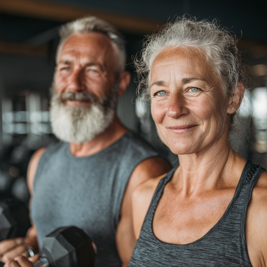 Възрастни хора правят кардио упражнения в зала